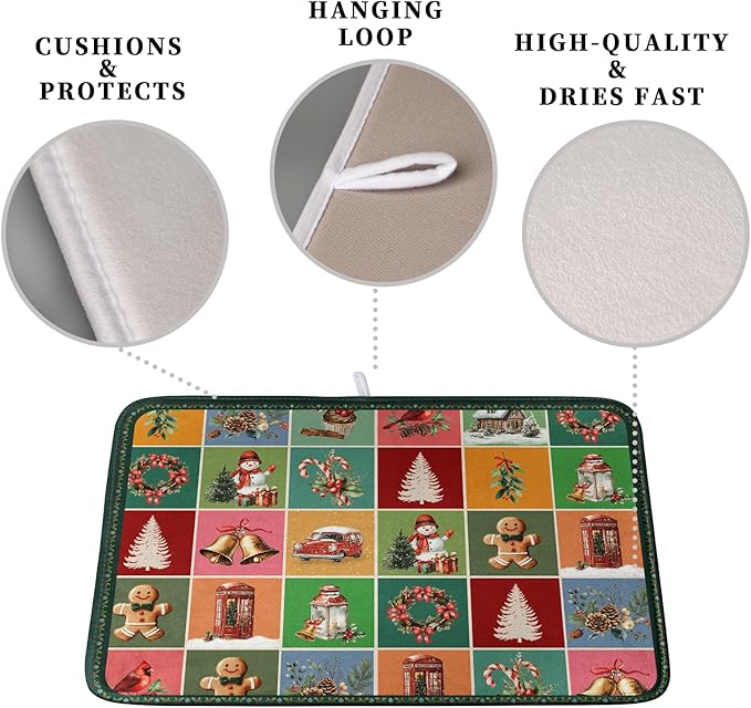 Christmas Dish Drying Mats for Kitchen Counter Cute Xmas Holiday Dish Drainer Pad Microfiber Absorbent Winter Dish Draining Mat Washable Dish Drainer Rack Mat Extra Large 18x24 Inch