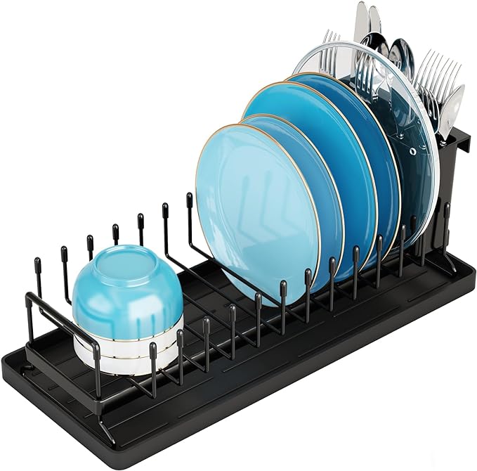 ANTOPY Small Dish Drying Rack - Compact Dish Rack for Kitchen Counter with Silicone Dish Drying Mat, Stainless Steel Dish Drainer for Kitchen Sink Cabinet, Space Saving Plate Rack Cutlery Holder
