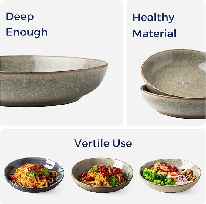 AmorArc 8.5'' Large Pasta Bowls, 36oz Stoneware Wide Serving Bowls Set of 4 for Kitchen for Salad,Fruit,Oatmeal, Microwave Safe, Reactive Glaze