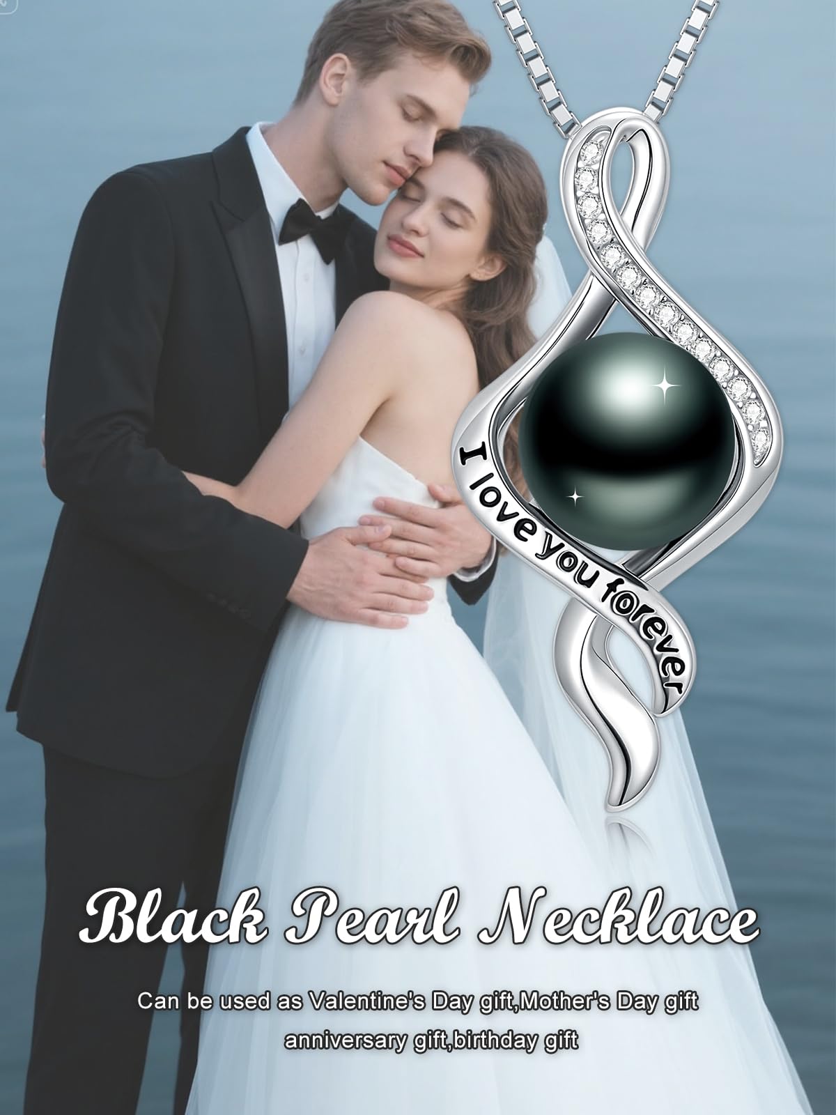 KANNSOAR Tahitian Black Pearl Necklace, 18K Gold Plated, I Love You Forever Pendant 9MM Pearl Jewelry Anniversary Wedding Valentines Day Christmas Mothers Day Gift for Women