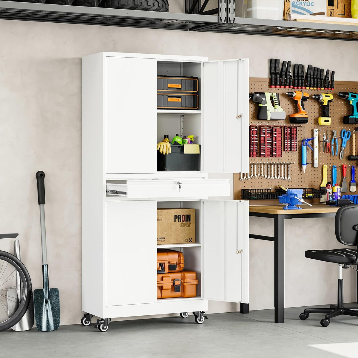 Yizosh Metal Garage Storage Cabinet with Locking Doors and Adjustable Shelves, 73" Rolling Tool Storage Cabinet with 4 Wheels and 1 Drawer for Garage,Warehouse