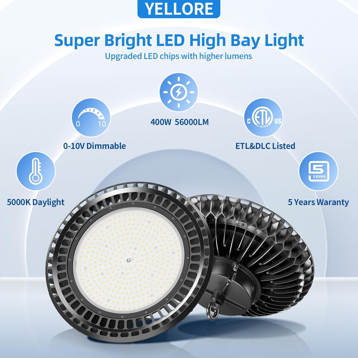 6 Pack 400W LED High Bay Light 56000LM 5000K 120VAC UFO Light IP65 Waterproof Dimmable Commercial Bay Lighting for Workshop|Garage|Factory -ETL&DLC Listed