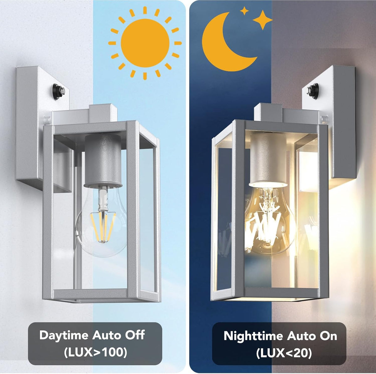 PARTPHONER Dusk to Dawn Outdoor Light Fixtures, 2-Pack Sensor Porch Lights, Waterproof Exterior Wall Sconce Lighting Lamp, Waterproof Wall Lantern for House, Doorway, Garage (Silver)