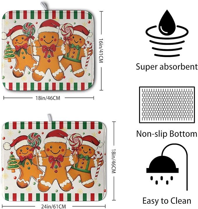 Christmas Dish Drying Mat Gingerbread Man Candy Cane Xmas Tree Drying Mats for Kitchen Counter Winter Holiday Dish Drainer Pad Absorbent Microfiber Dish Draining Mat 18x24 Inch