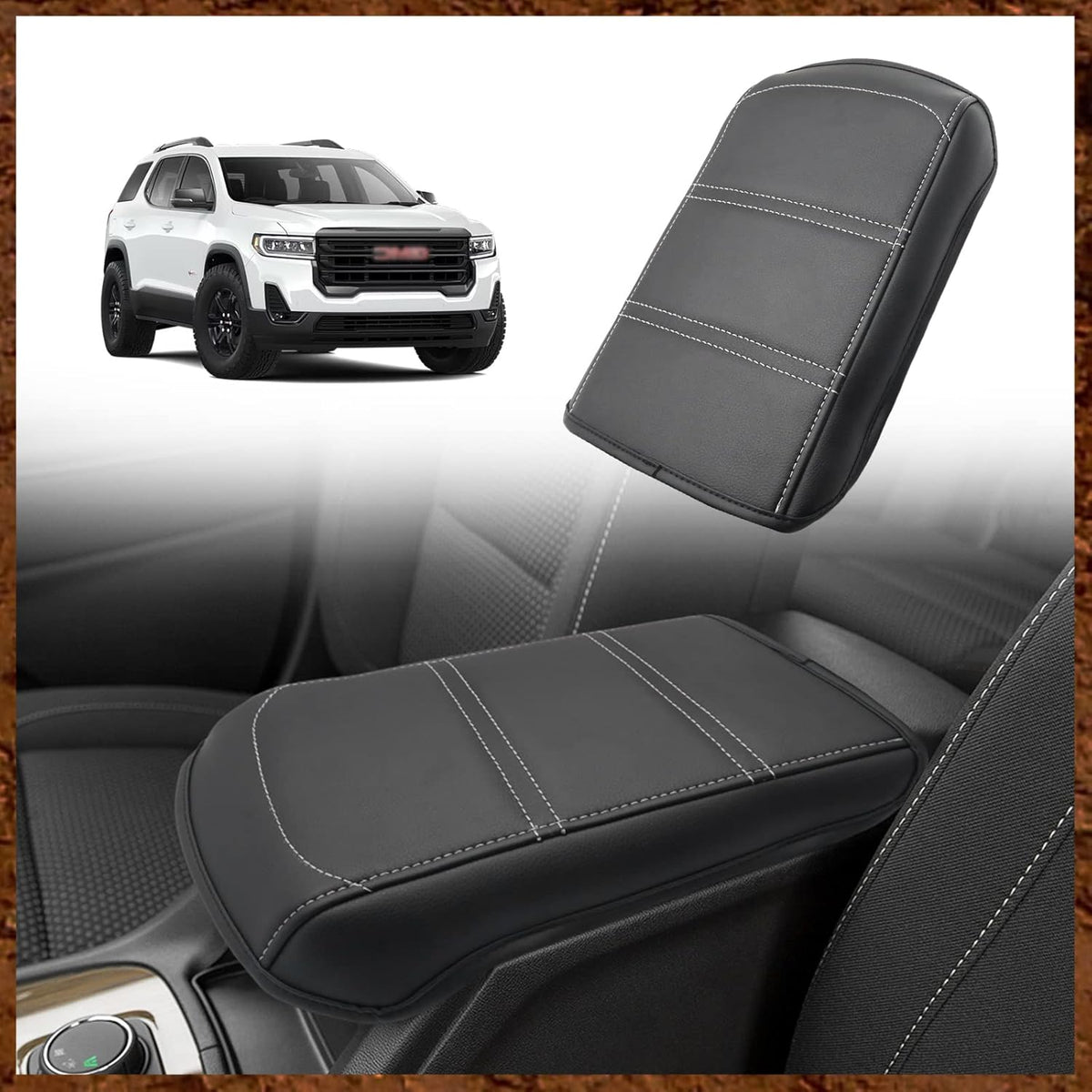 Muslogy for Acadia 2017-2023 Center Console Pad Armrest Cover Vegan Leather Cushion Pad Accessories Armrest Lid Protector Extra Soft Compatible with GMC Acadia 2023 2022-2017 (Black/White Trim)