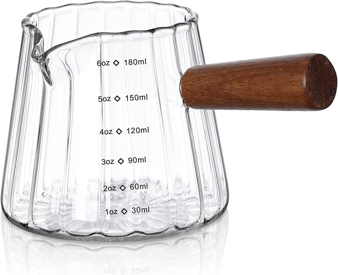 Joeyan 6 oz Glass Measuring Cups with Spout,Borosilicate Glass Triple Pitcher with Scale,Origami Style Espresso Shot Glasses with Wood Handle for Coffee Milk,Dishwasher Safe