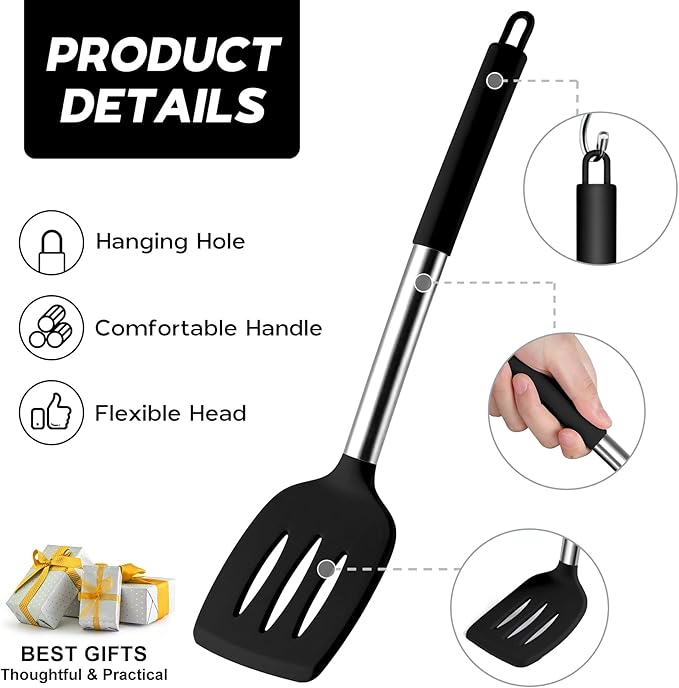 Onader Kitchen Utensils Set, 15 Pcs Silicone Cooking Utensils Set with Holder and Heat Resistant Stainless Steel Handle for Nonstick Cookware - Black