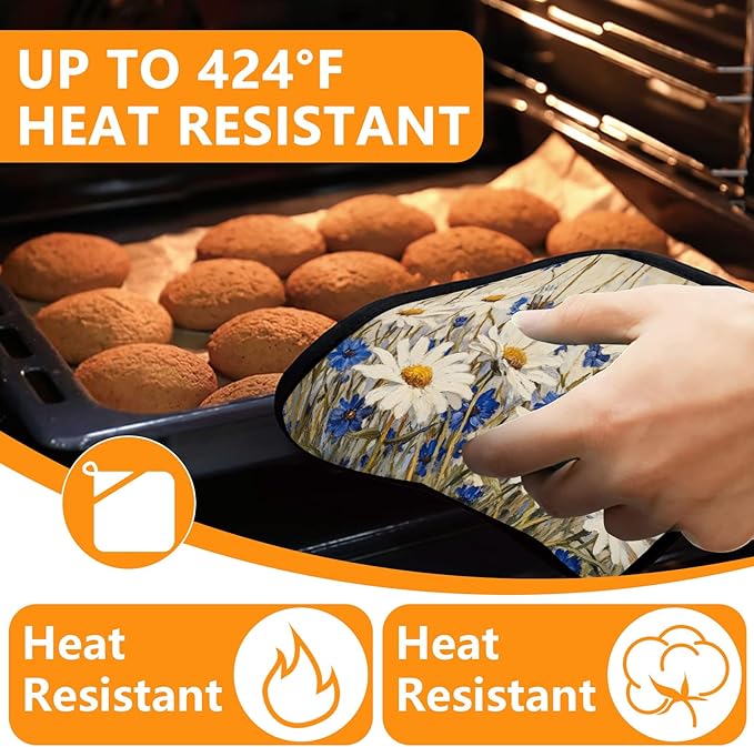 Daisy Flowers Oven Mitts and Pot Holders Sets 4Pcs,Extra Long Oven Gloves Potholder for Kitchen Cooking Baking BBQ 100% Cotton Heat Resistant