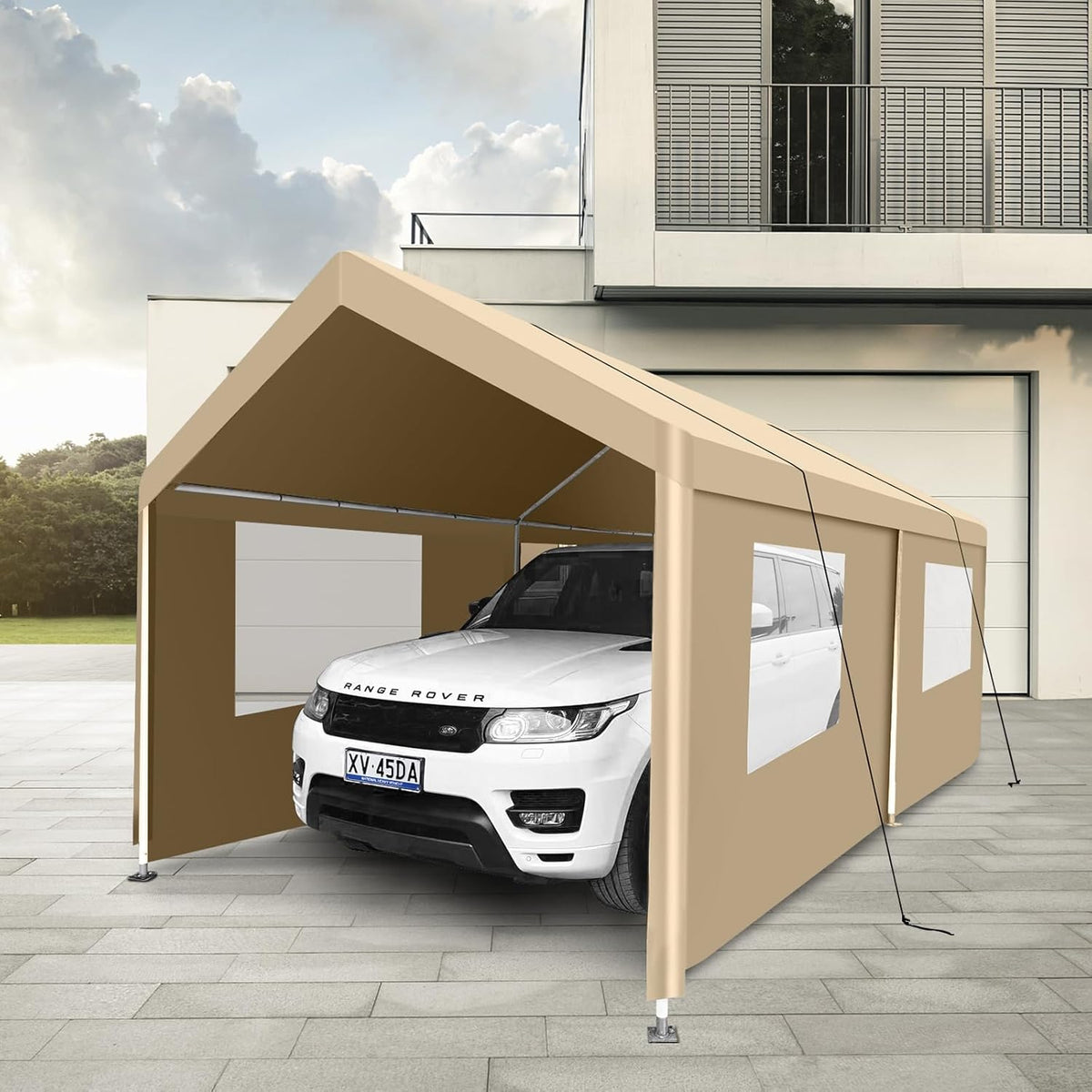 Car Canopy Portable Garage Duty Carport with Roll-up Windows,Portable Garage with Removable Sidewalls & Doors, Car Canopy with All-Season Tarp for Car Boat Truck Motorcycle 10FT×20FT (Khaki)