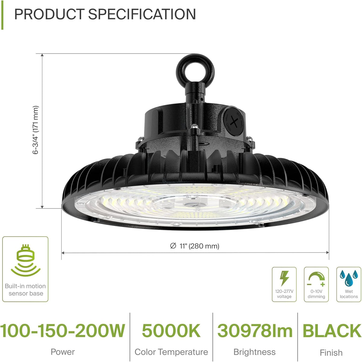 ASD LED High Bay UFO Light Fixture, Commercial Shop Lighting | Dimmable, IP69K Waterproof, DLC Premium, UL Listed | 200W 31000LM 5000K 100-277V | Warehouse, Garage, Workshop, Barn Lamp | Black