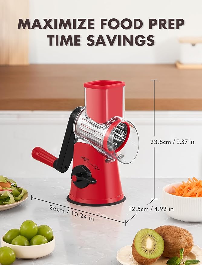 GDL Rotary Cheese Grater, Upgraded 5-in-1 Cheese Grater Hand Crank, Multi-purpose Cheese Shredder with Handle, Vegetable Slicer Cutter Ice Shaver for Potato, Carrot, Nuts, Chocolate