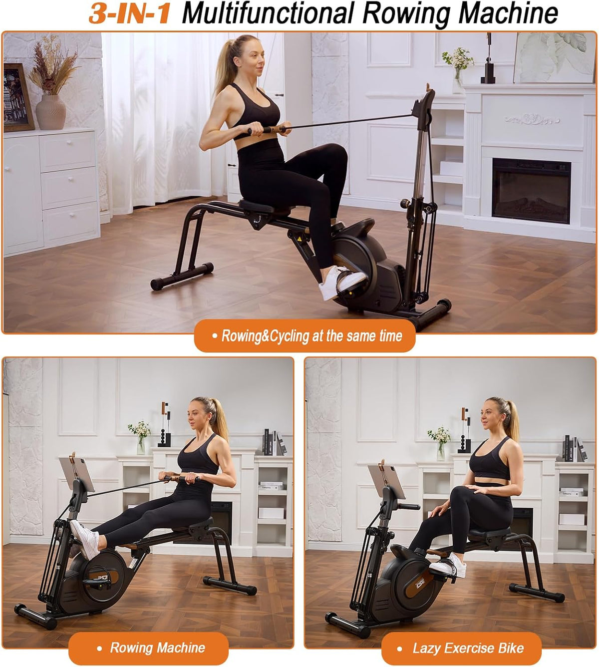 3 in 1 Rowing Machine, Dual Slide Rail 6-Level Adjustable Height with Max 350lb Weight Capacity, Home Fitness Rower for Full Body Workout, App Compatible