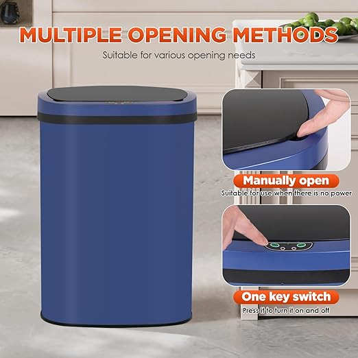 PayLessHere | 13 Gallon Stainless Steel Trash Can | Deep Blue | Automatic Touchless Lid with Motion Sensor | Kitchen Garbage Can with Waterproof Design | for Home, Office, Bathroom | Pack of 1