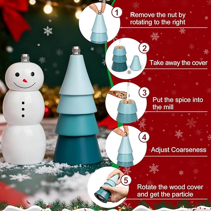 Christmas Salt and Pepper Grinder Set, Snowman & Tree Refillable Salt and Pepper Mills with Adjustable Ceramic Core, Wooden Manual Salt and Pepper Shakers for Kitchen,Gift, Christmas Decor