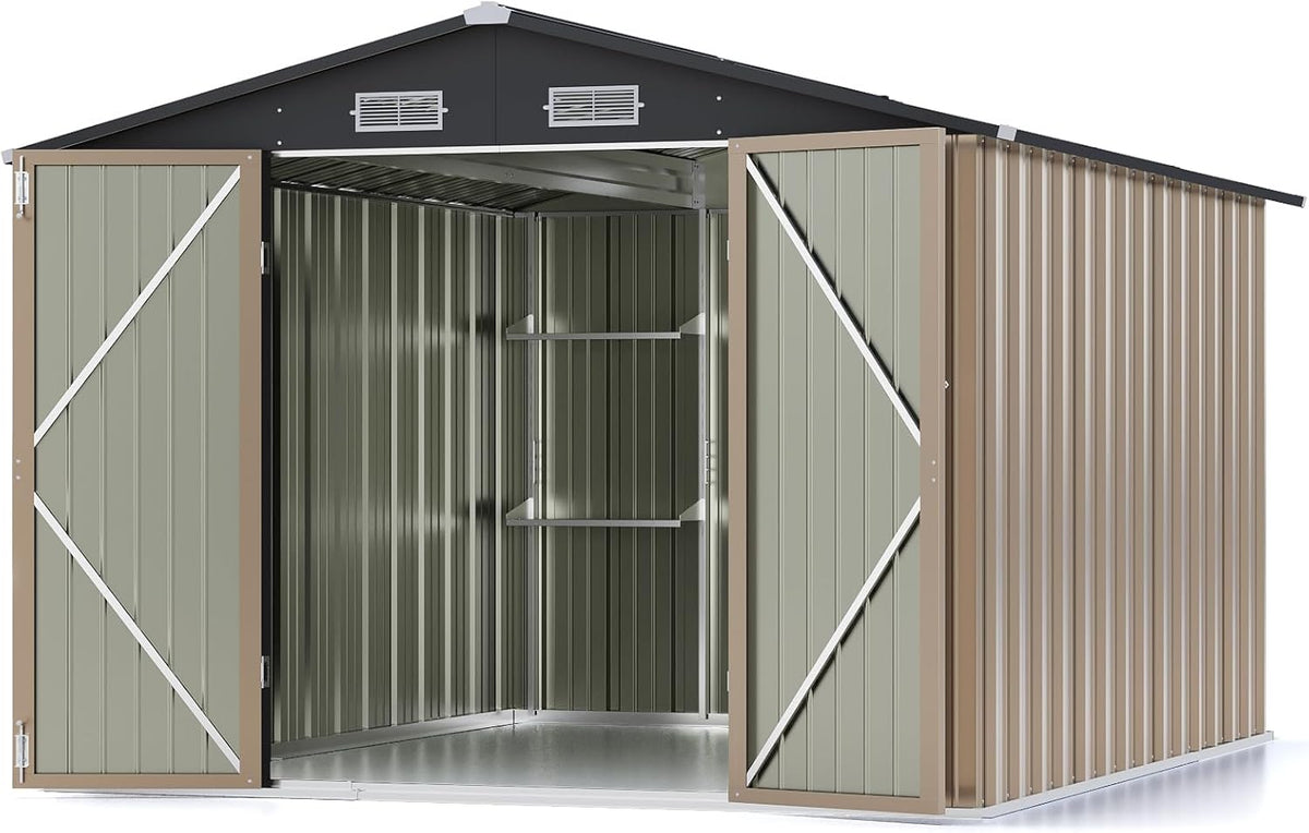 Patiowell 8x10 FT Outdoor Storage Shed with Detachable Storage Rack, Large Garden Tool Metal Shed with Sloping Roof and Double Lockable Door, Outdoor Shed for Backyard Garden Patio Lawn,Brown