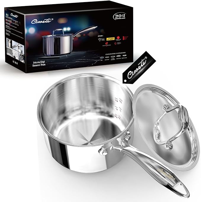 Ciwete 2 Quart Sauce Pan with Lid, Tri Ply Stainless Steel Saucepan 2 Qt with Stainless Steel Lid, 2 Measuring Lines, Upgraded Packaging, Cool Ergonomic Handle, Dishwasher & Oven Safe