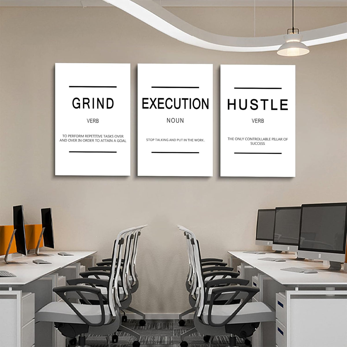 Framed Canvas Wall Art Success Quote, Office Wall Art, White Large Poster, Positive Motivational Set of 3 Prints, Grind Execution Hustle Poster, Inspirational Print
