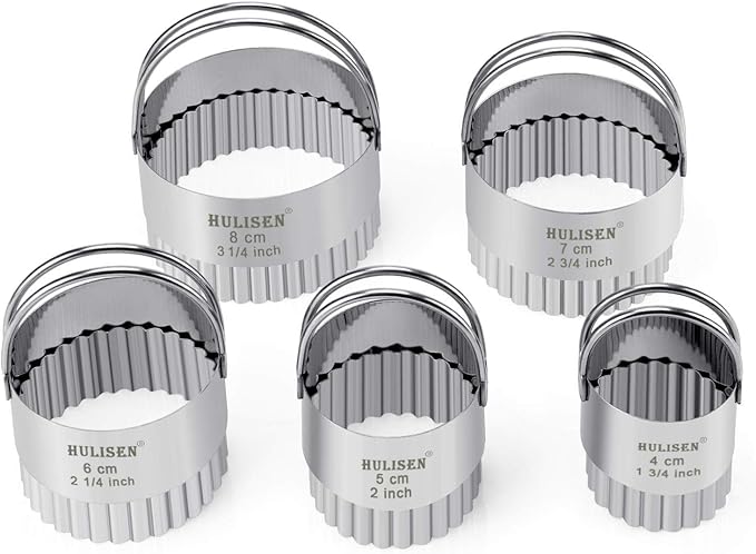 HULISEN Biscuit Cutter Set (5 Pieces/Set), Stainless Steel Round Biscuit Cutters with Handle, Wave Cookies Cutter with Fluted Edge, Professional Baking Dough Tools, Gift Package (Wave)