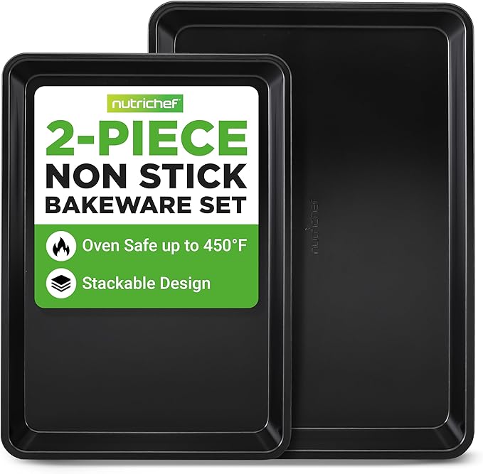 NutriChef 2-Piece Baking Sheet Non Stick - Premium Carbon Steel Cookie Sheets for Baking - Large and Medium Baking Trays for Oven - Black