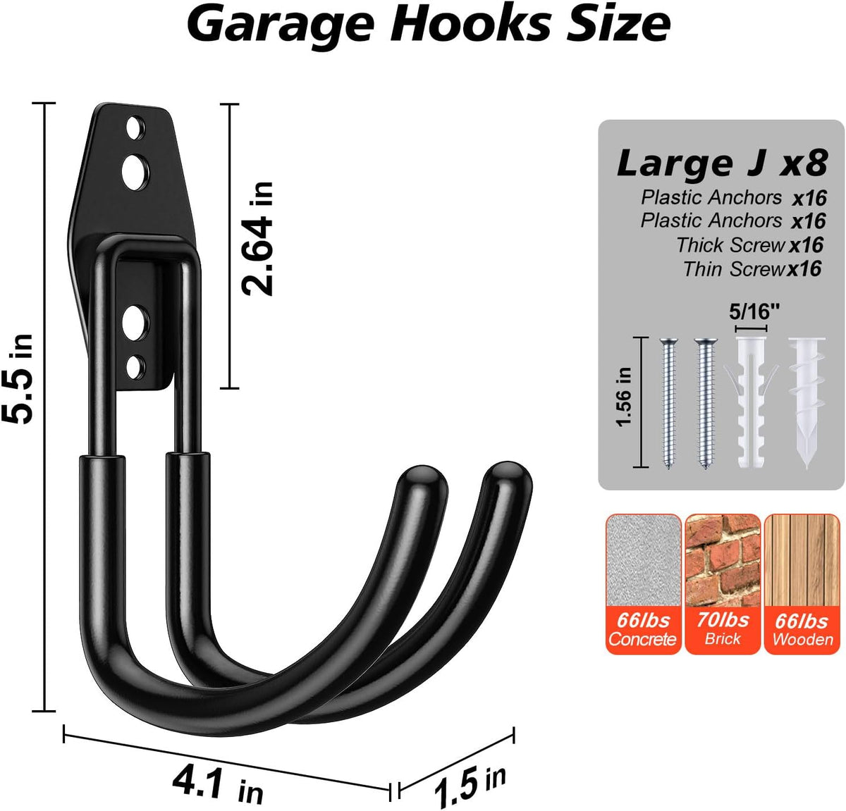 8 Pack 5.5x4.1 inch J Heavy Duty Garage Hooks,Solid Steel Wall Mount Hangers,with Anti-Slip Coating,for Hanging and Organising Ladder,Bike,Ropes,Broom,Garden,Yard and Power Tools