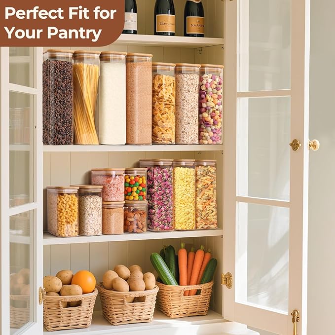 ComSaf 2.2 Qt Rectangle Glass Storage Containers with Lids, Glass Jars with Bamboo Lids, Clear Food Storage Jar, Tall Spaghetti Container, Pantry Storage Container for Pasta Flour Oats Nuts Rice