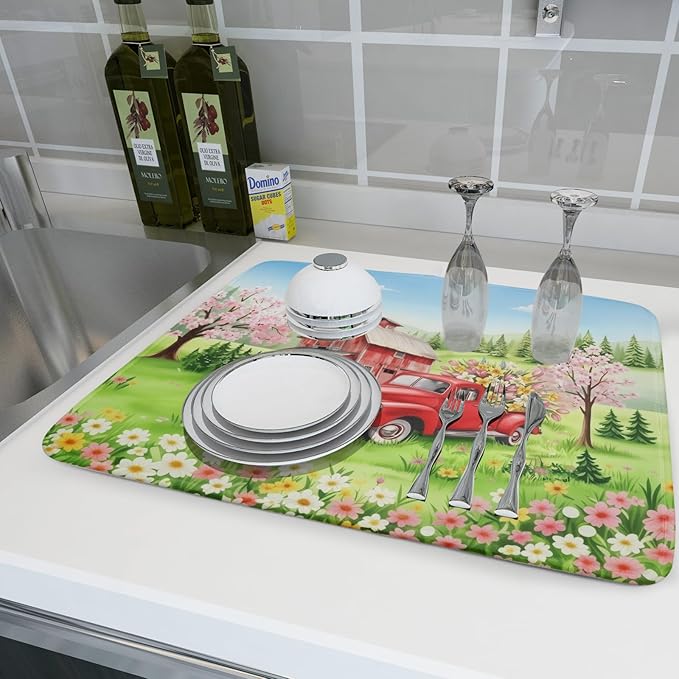Spring Dish Drying Mat for Kitchen Counter Red Truck Flowers Microfiber Absorbent Dish Draining Reusable Washable Foldable Extra Large 18"x24"