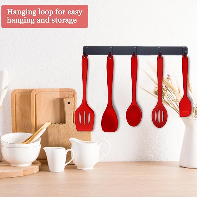 E-far 10 Pieces Silicone Cooking Utensils Set, Heat Resistant Kitchen Utensil Set for Nonstick Cookware, Kitchen Cooking Tools with Spatula, Spoon, Slotted Turner, Non-Toxic & Dishwasher Safe (Red)
