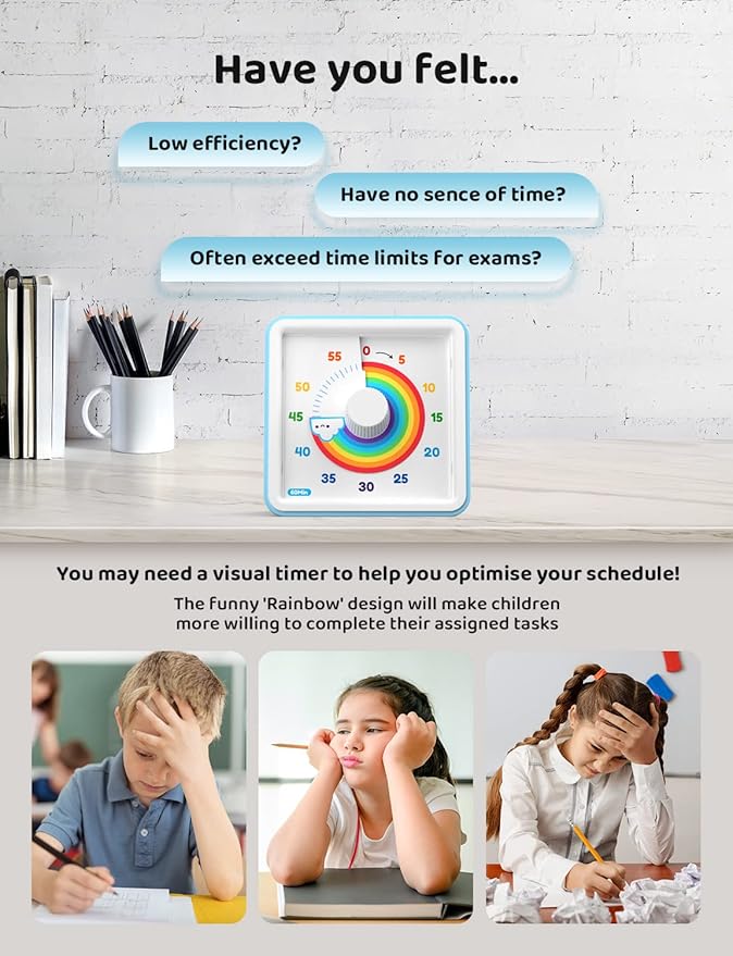 LIORQUE 60 Minute Visual Timer for Kids, Visual Countdown Timer for Classroom Office Kitchen with 'Rainbow' Pattern Design, Pomodoro Timer with Silent Operation (Batteries Included)