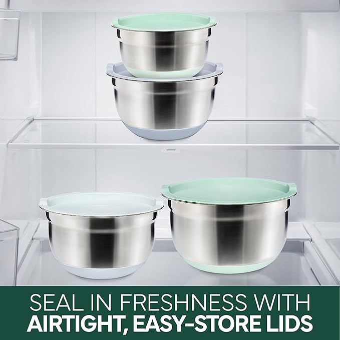 COOK WITH COLOR Stainless Steel Mixing Bowls Set with Lids - Nesting Bowls with Non-Slip Bottom, Sage, 12 Pieces