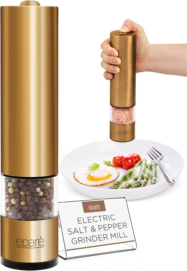 Eparé Brass Salt and Pepper Mill - Battery Operated Gold Pepper Grinder with Ceramic Burr - Automatic Steel Peppermills With LED Light - Gold or Brass Color