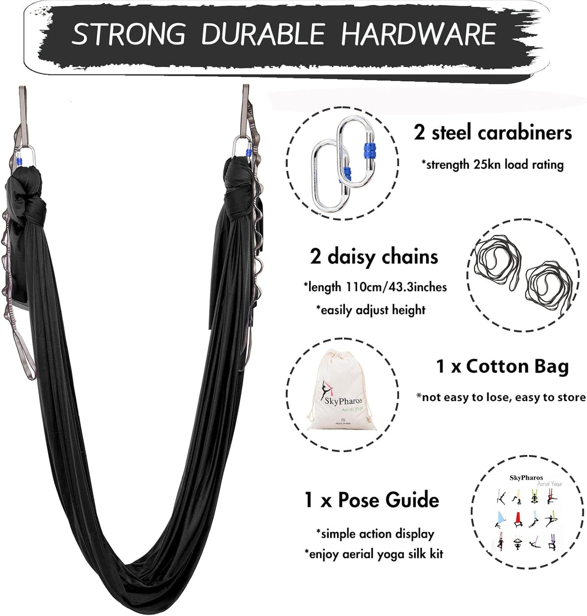 5.5 Yards Aerial Silks Yoga Swing Set - Aerial Yoga Hammock Kit Anti-Gravity Flying for Fitness, Low/Non Stretch Nylon Tricot Fabric Hardware Included for Dance