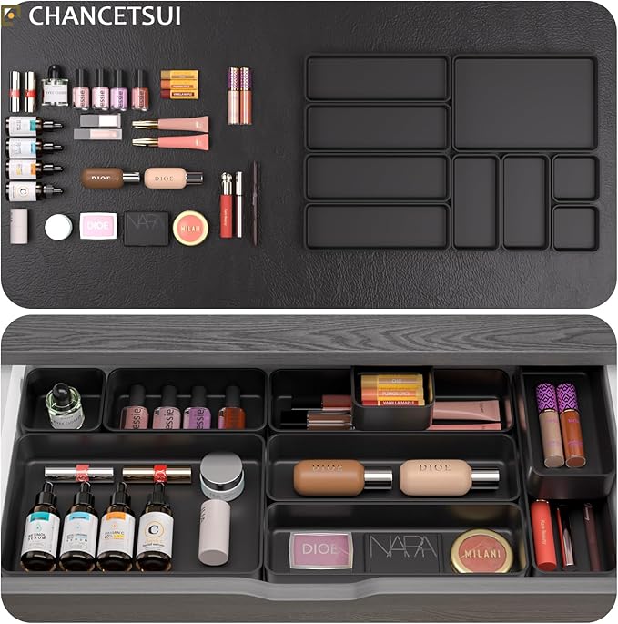 9 Pcs Stackable Drawer Organizer Trays Set, Multifunctional Stackable Storage Trays for Vanity, Bathroom, Kitchen, Desk Drawer Organizer Office. Plastic Drawer Organizers Available In 5 Colours, Black