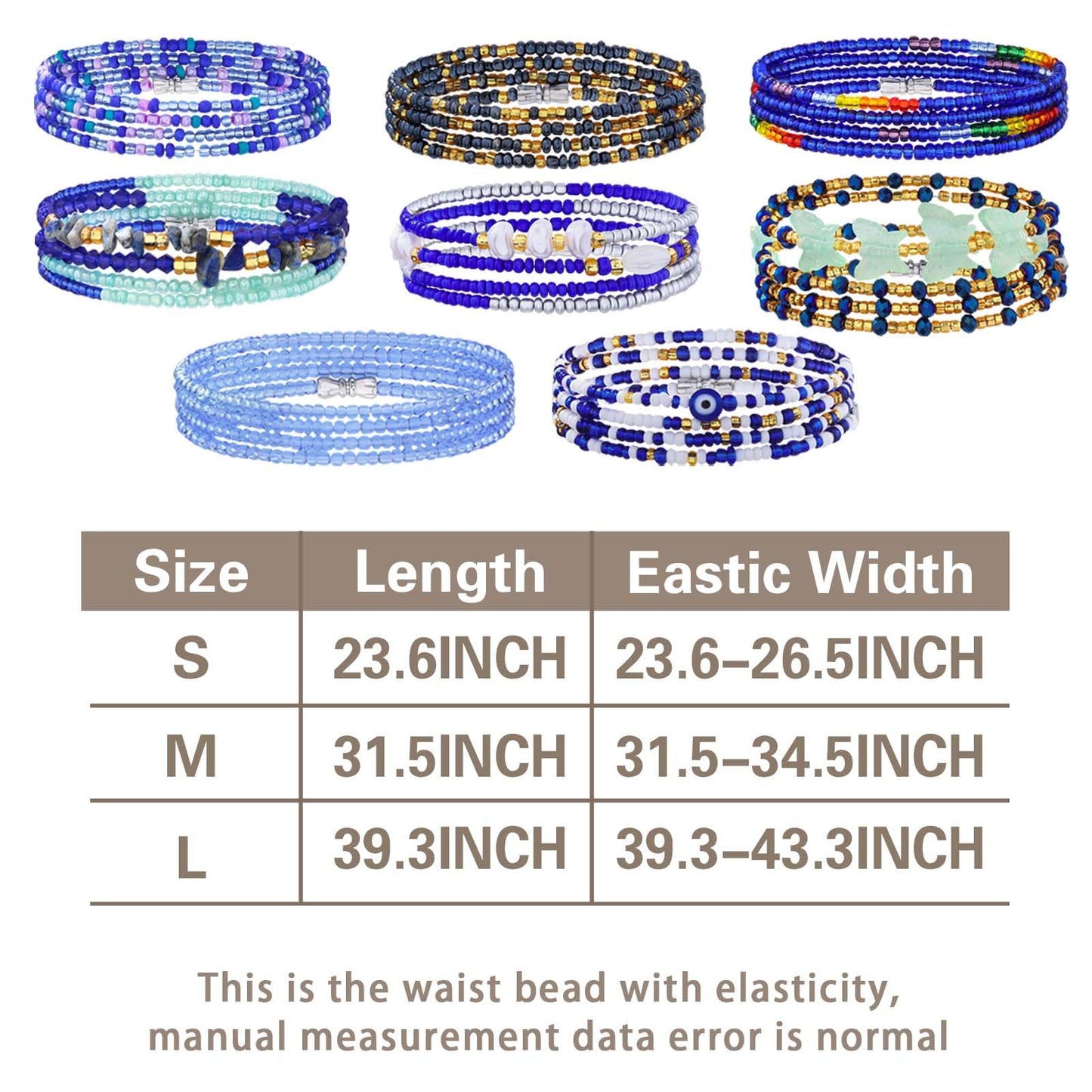 ELABEST Adjustable Handmade Waist Beads Stretchy 23-52 inch 8Pcs Chakra Body Belly Beaded Women Waist, Anklet, Bracelet, Necklace Jewelry with Screw clasp (Blue, 39.3inch/100cm)