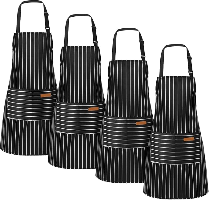 Handepo 4 Pcs Kitchen Aprons with Pockets Adjustable Waterproof Cotton Aprons Striped Apron for Women Men Chef Mother Gift
