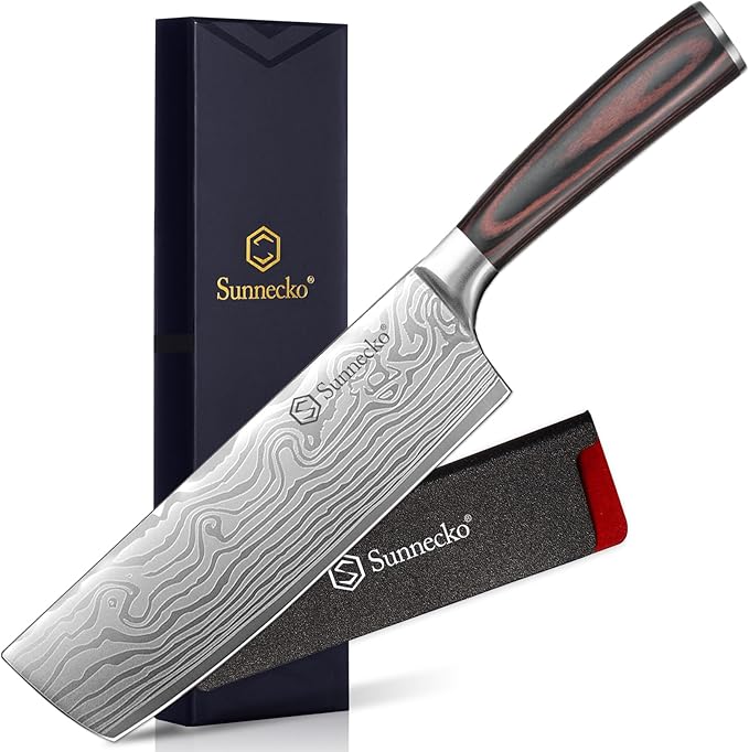 Sunnecko Japanese Nakiri Knife 7 Inch - Carbon Steel Chef Knife Vegetable Cleaver with Sheath, Kitchen Gift for Home Cooks, Professional Kitchen Knife Gift Box