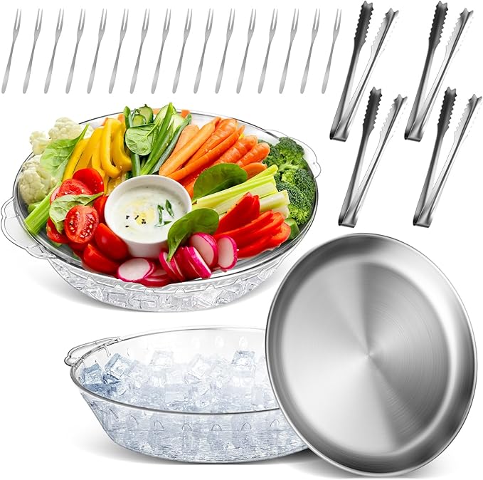 Baderke 2 Sets 11.8" Chilled Serving Tray for Parties Round Iced Platter with Ice Underneath Stainless Steel Clip Fruit Fork Shrimp Cocktail Serving Dish for Oysters Crawfish Fruits (Original)