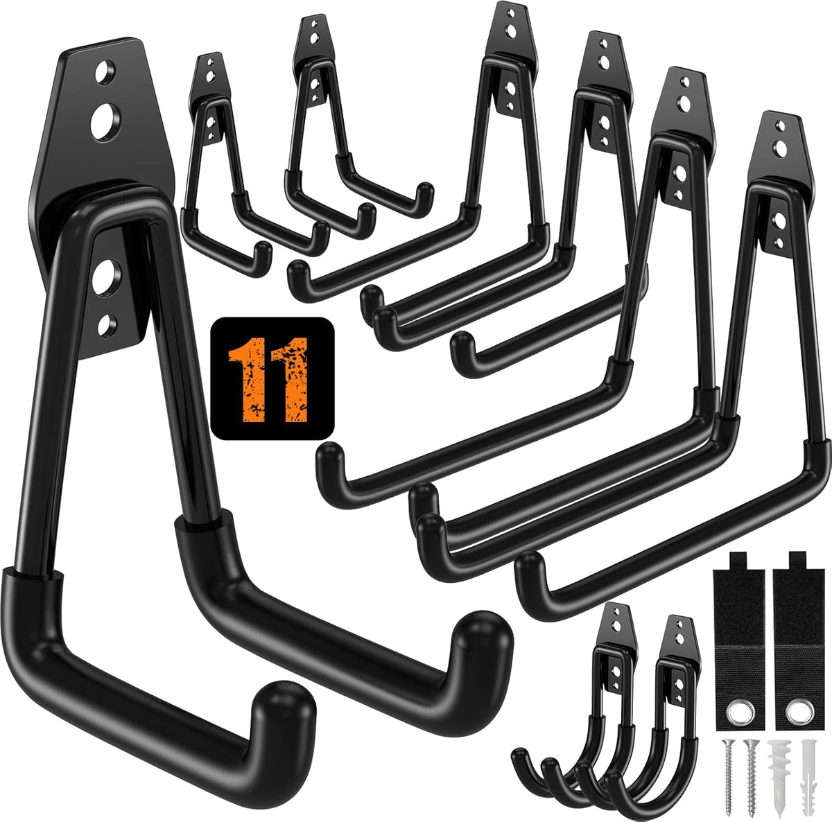 QcoQce 11 Pack Garage Hooks Heavy Duty with 2 Extension Cord Straps,Garage Storage Hooks, Wall Mount Hooks, Garage Organization and Tool Hangers for Bike, Ladder, Ropes and Garden Tools