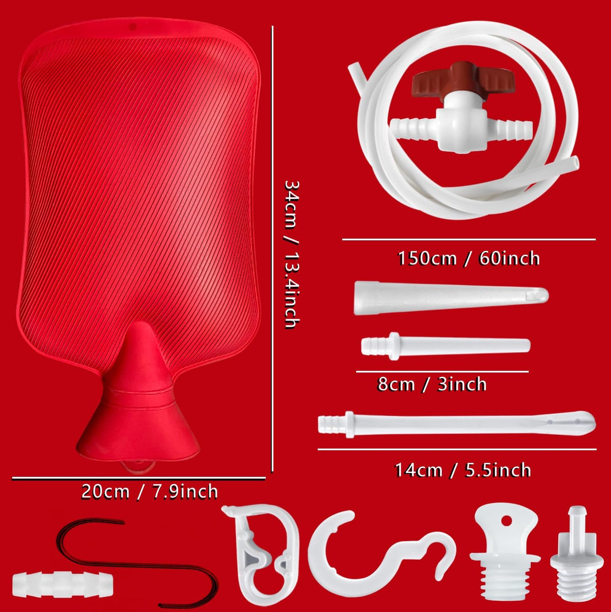2 L Home Enema Bag Kit with 2 Enema Tips,60 inch Long Silicone Hose, Controlable Water Flow Valve, Hot-Water Bottle for Colon Cleansing Enemas (Upgraded-red)