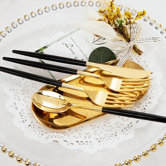 I00000 144 PCS Black Silverware Set, Plastic Silverware with Black Handle, Gold Plastic Cutlery Includes: 48 Forks, 48 Knives and 48 Spoons for Party or Dinner& Wedding