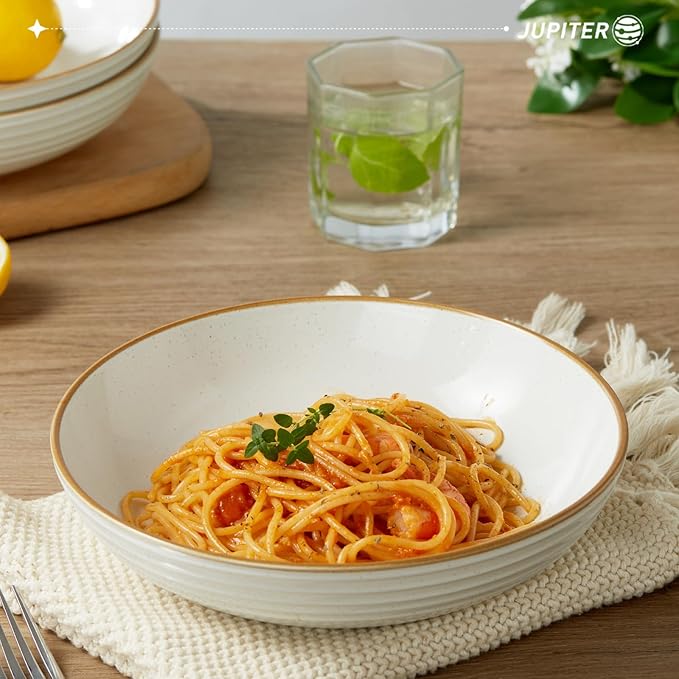 famiware Jupiter Pasta Bowls, 30 OZ Large Salad Bowls Set of 4, Microwave and Dishwasher Safe, Sturdy and Stackable, Serving Bowls for Kitchen, White