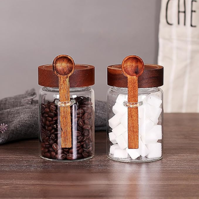 SAIOOL Sugar Jar with Lid and Spoon Set of 2, 16 OZ Tea Canisters for Loose Tea Jars with Screw Mouth, Coffee Container for Ground, Retro Style Truly Airtight