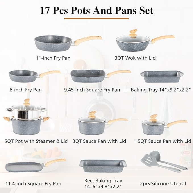 DishDelight 17 Piece Pots and Pans Set Non Stick, Granite Nonstick Cookware Set, Induction Cookware and Bakeware Set, Nonstick Kitchen Cookware Set, Gray