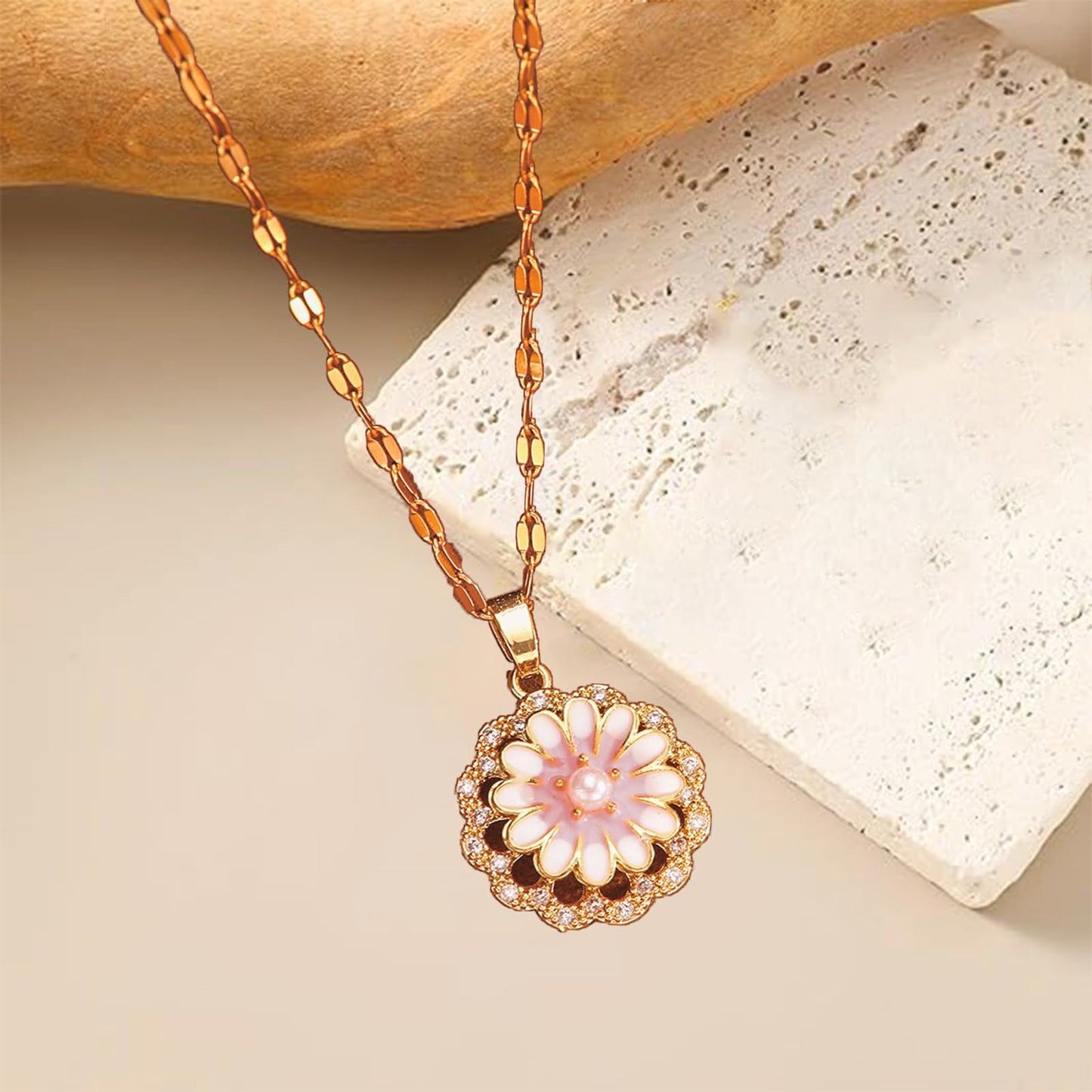KONPJE Sunflower Fidget Necklace for Women Gold Moon Necklace Rotating Heart Necklaces Spinning Crystal Sunflower Anxiety Necklaces Crescent Moons Jewelry Accessories (Pink and White)