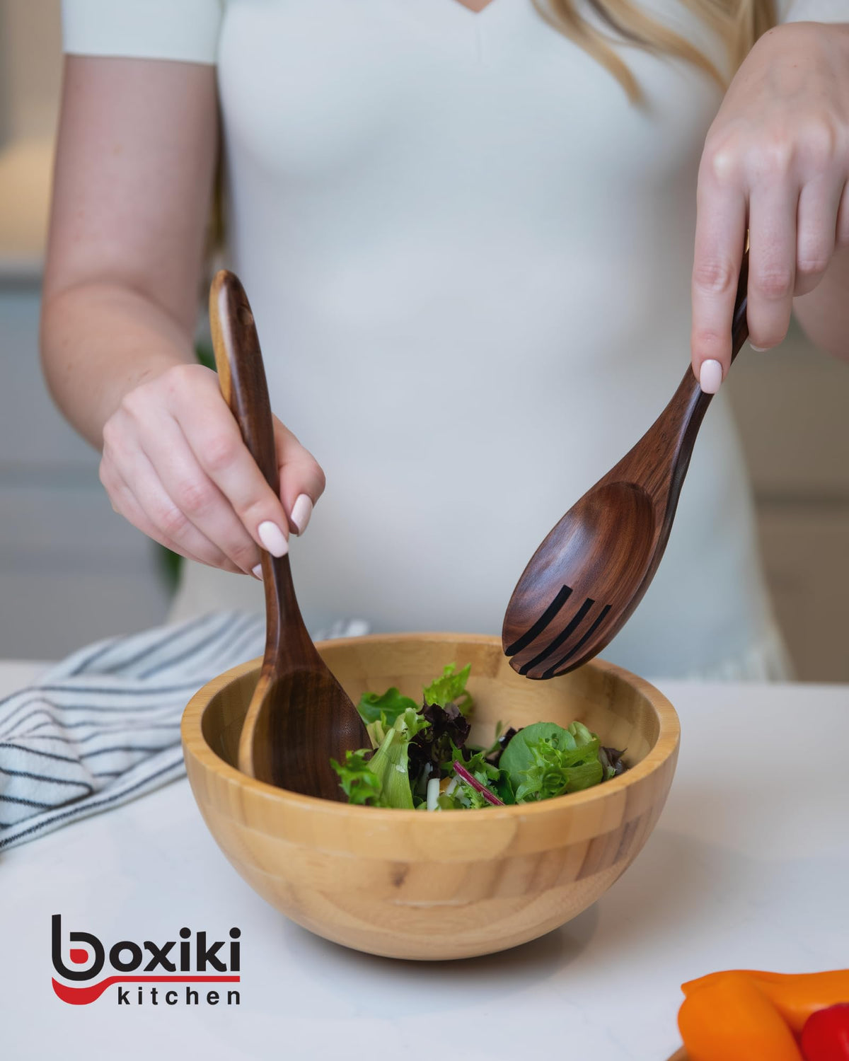 Boxiki Kitchen Luxury Teak Wood Utensil Set - Elegant 6-Piece Cooking Ensemble Including Spoons, Server, Scraper & Spatula - Expertly Crafted for Culinary Excellence