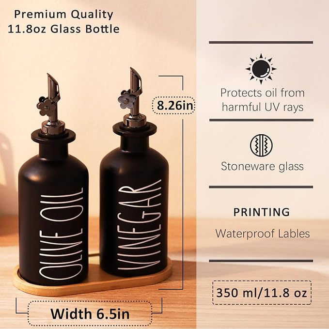 HOMCDALY Premium Olive Oil Dispenser for Kitchen, 11.8oz Glass Oil Bottles with Bamboo Tray, Black Oil&Vinegar Cruet Set, Kitchen Dispenser Bottles with Pourer | Set of 2 (11.8oz –P–Black)