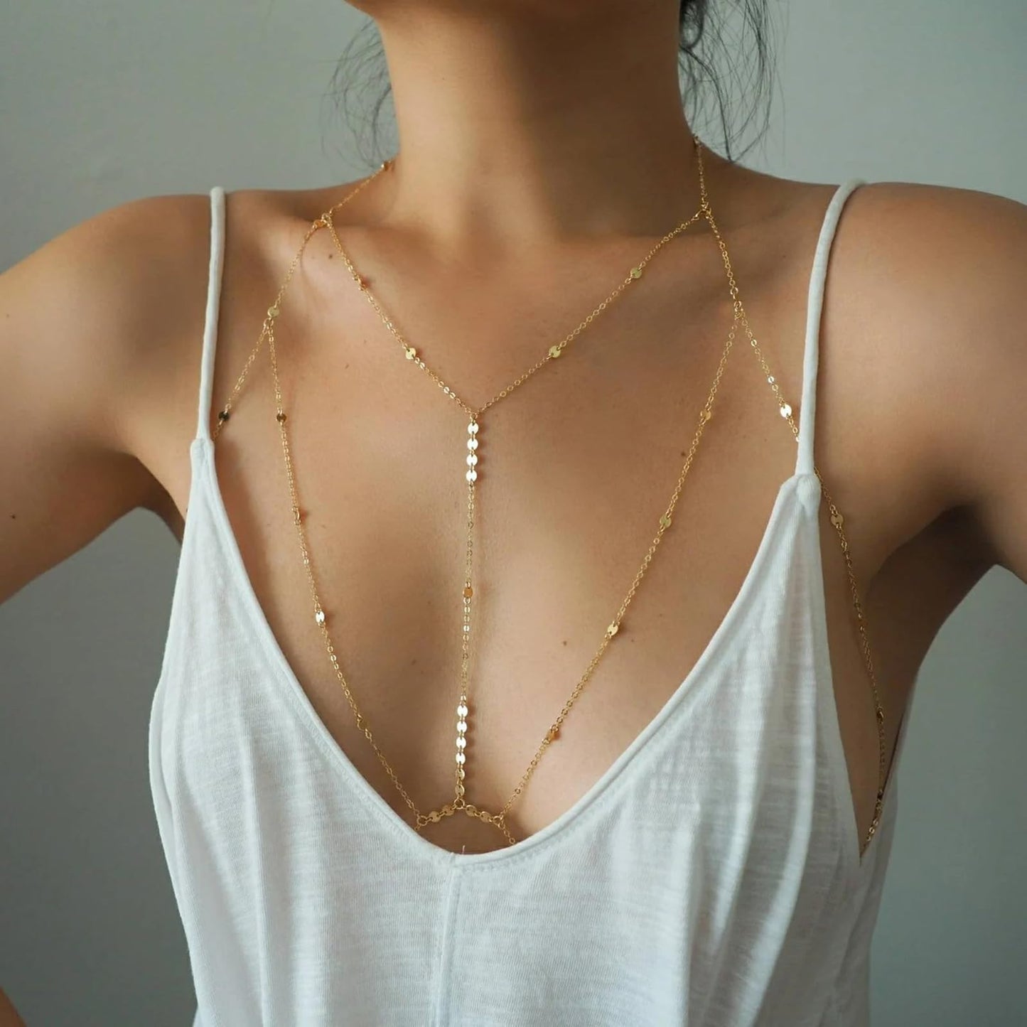 14K Gold Plated Body Chains for Women, Sexy Layered Belly Waist Chain Crossover Bikini Bra Chain, Summer Beach Rhinestone Body Jewelry(Sequins)