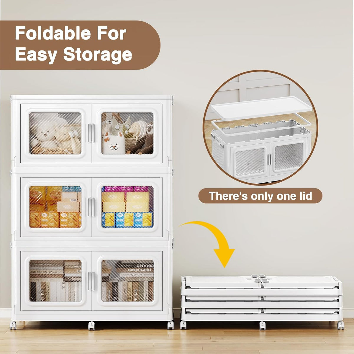 660 Qt Stackable Storage Bin with Lid, 165Gal Extra Large Collapsible Storage Boxes, Folding Plastic Drawer, Heavy-Duty Store Cabinet, Closet Organizer for Home Kitchen, 3 Pack White