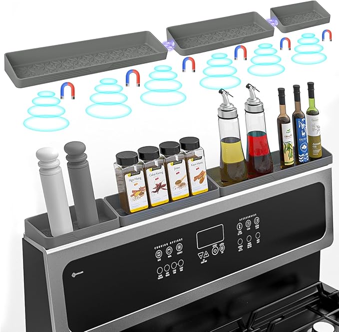 30"/24"/20" Silicone Stove Top Magnetic Shelf for Kitchen, Soft Flexible Strong Magnetic Heat Resistant Over the Stove Silicone Oven Shelf Spice Rack Organizer for Back of Oven - Grey