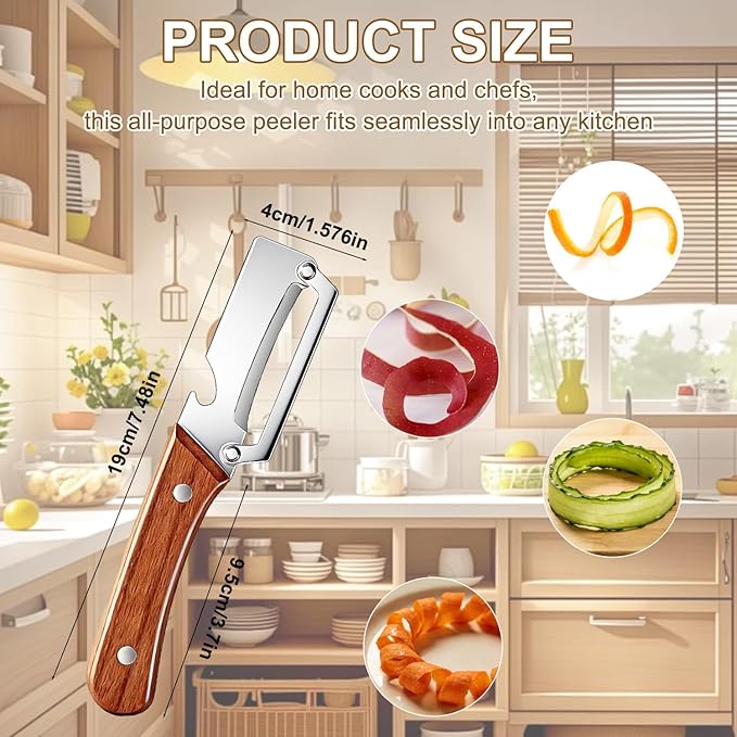 3Pcs Multifunctional Vegetable Peeler, 2-in-1 Multifunctional Vegetable Peeler with Wooden Handle & Stainless Steel Blade, Built-in Bottle Opener, Fruit & Vegetable Kitchen Peeling Tool