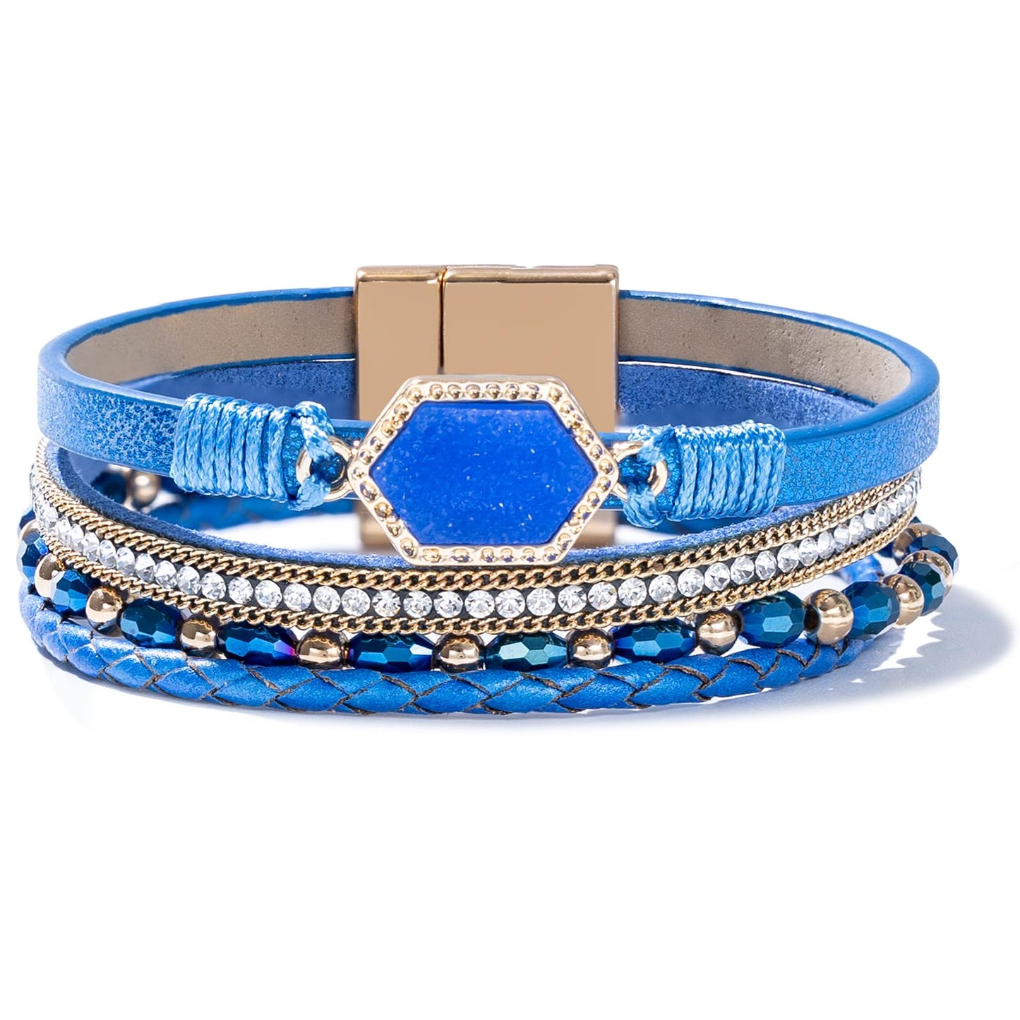 FANCY SHINY Crystal Beaded Leather Wrap Bracelet Stackable Boho Jewelry for Women Trendy Braided Resin Stone Bangle Cuff with Magnetic Clasp(Blue)